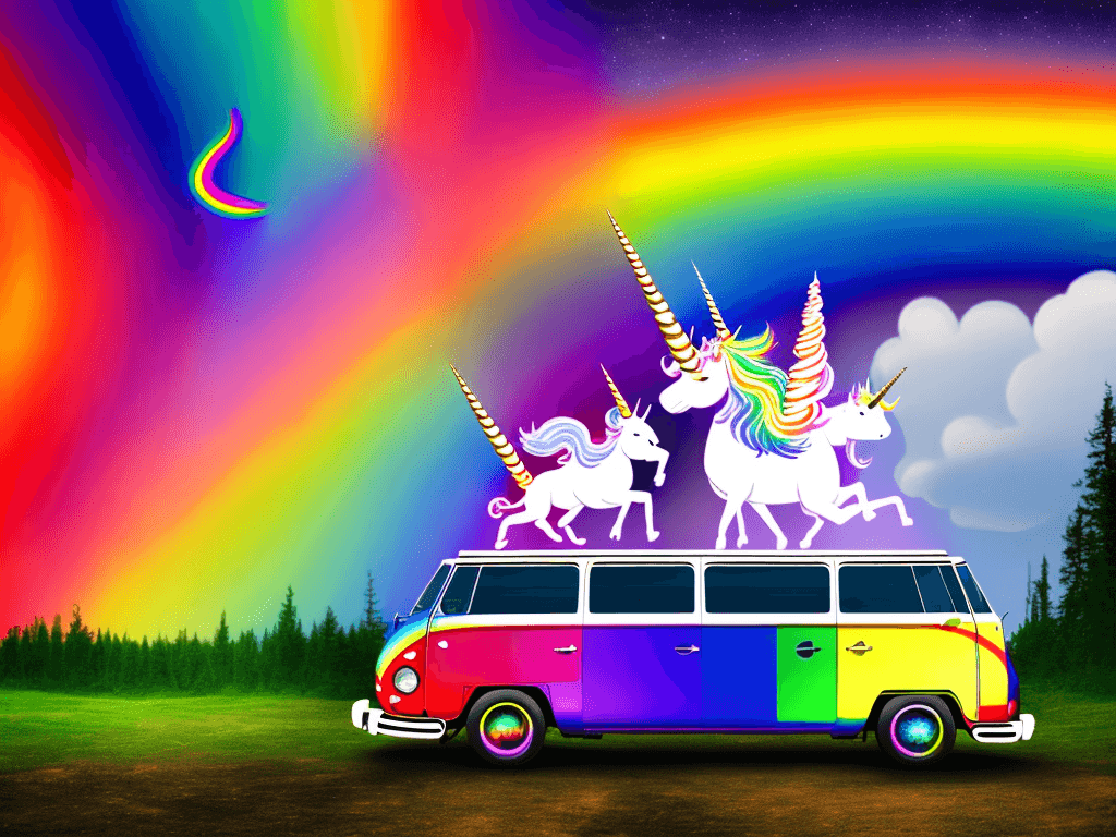 AI generated: rainbow VW bus with unicorn wings in front of campfire under stars, flying over rainbow