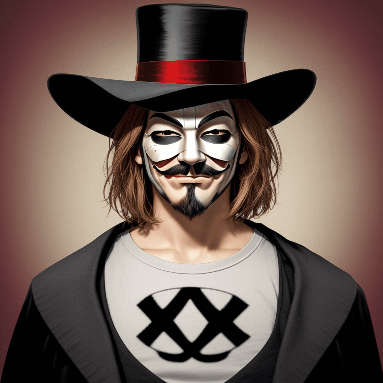 AI generated:  features a person wearing a Guy Fawkes mask, also known as the V for Vendetta mask, and a t-shirt w...