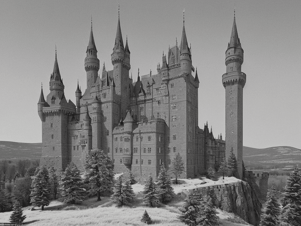 AI generated: The castle's architecture is characterized by multiple towers and spires, with a prominent central s...