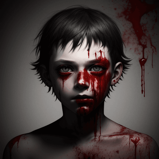 AI generated: blood, bloody, head with knives stuck in it, black blood colored eyes, boy, 12k
