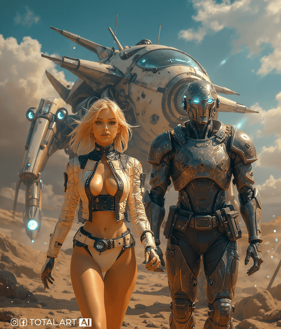 AI generated: Syd Mead style futuristic cyber dieselpunk hovercraft, beautiful European young long hair blonde wom...