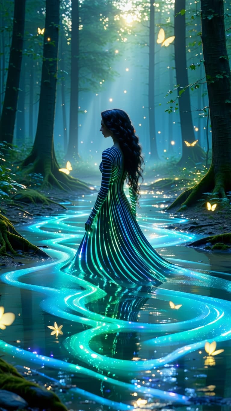 AI generated: Enhancing the surreal scene of the striped lady emerging from wavy striped liquid, let's add an elem...