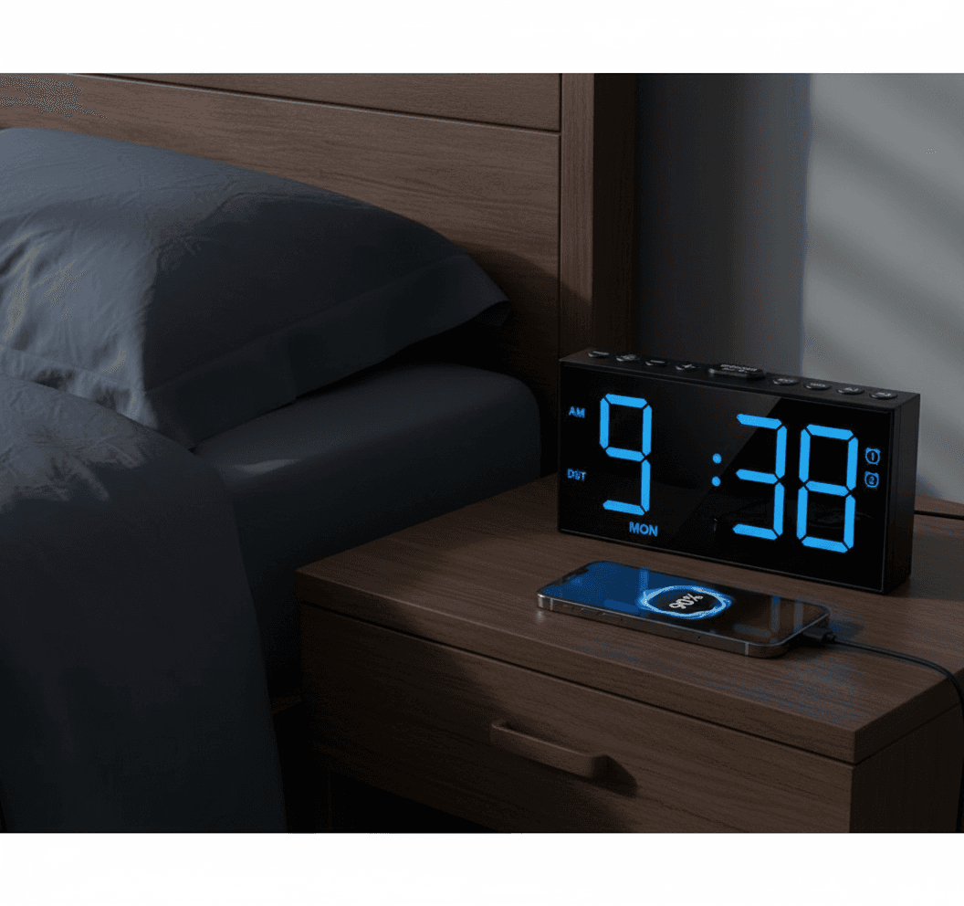 AI generated: In a dark bedroom. There is a cool clock alarm with neon blue digits on the alarm. The alarm says 9:...