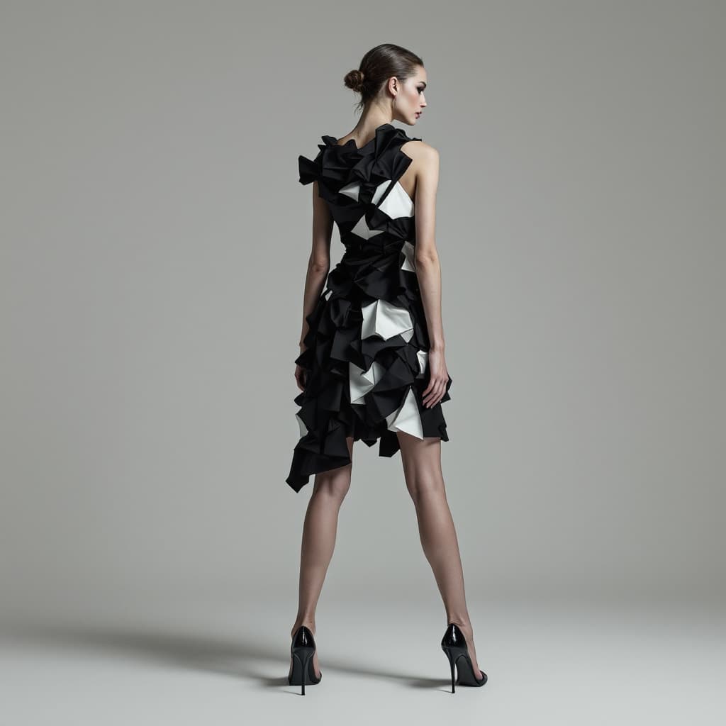 AI generated: high fashion portrait of a woman with rough skin wearing black heels and a dress made from pieces of...