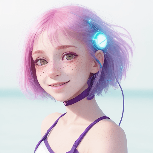 AI generated: cute (smiling:0.9) girl, eye contact, electric tones, (natural skin texture:1.1), (freckles:0.7), Fr...
