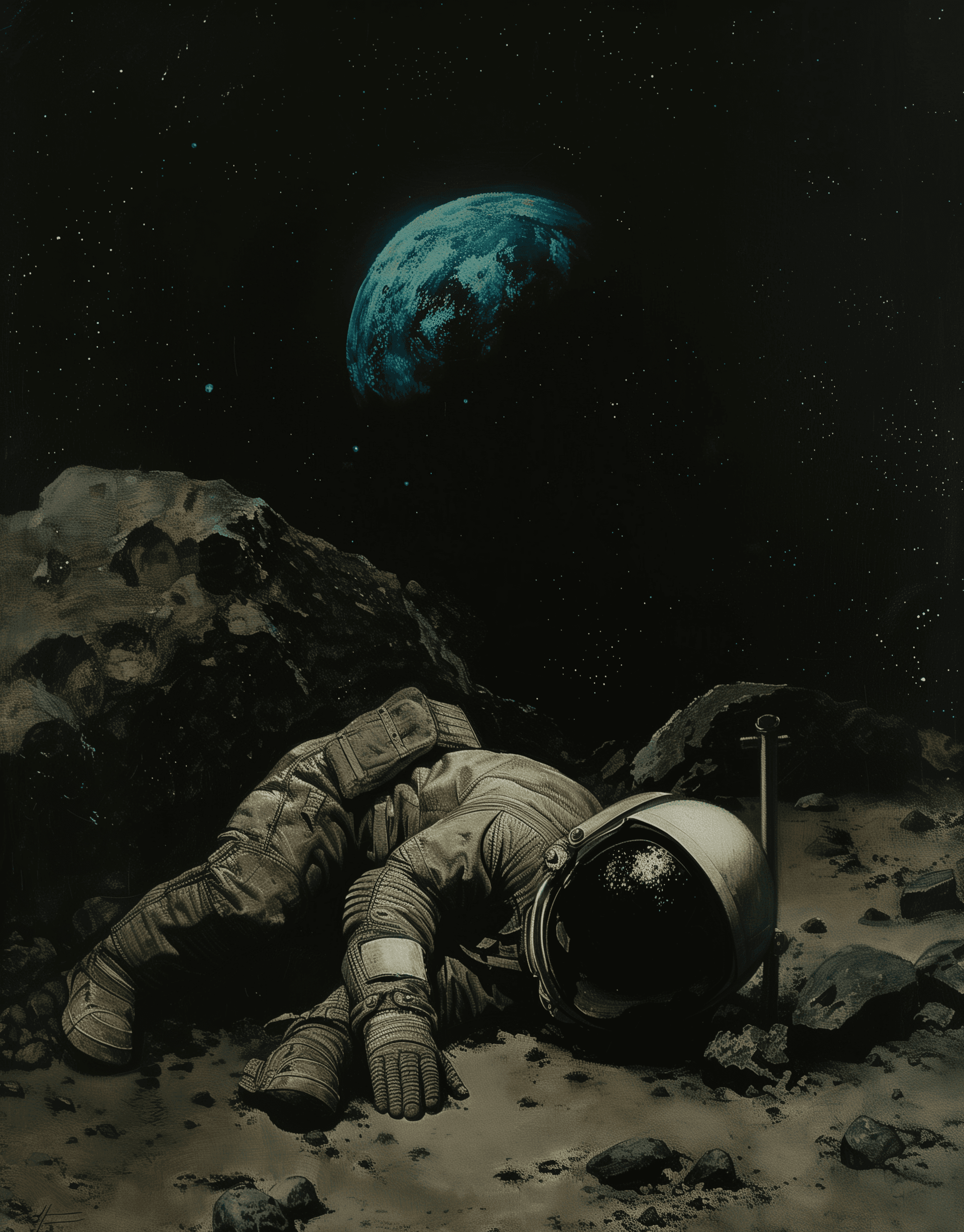 AI generated: A dark and dramatic painting of an astronaut laying on the ground with his head resting against two ...