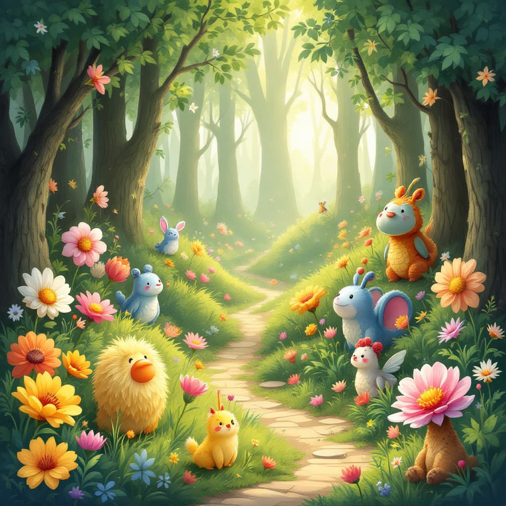 AI generated: A charming fairytale forest filled with colorful, whimsical creatures and oversized flowers, illustr...