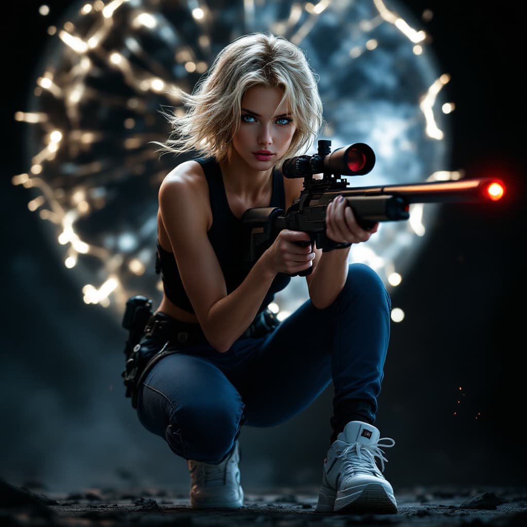 AI generated: Digital art, cinematic 8K wallpaper. Low view of a stunning female warrior from a future is crouched...