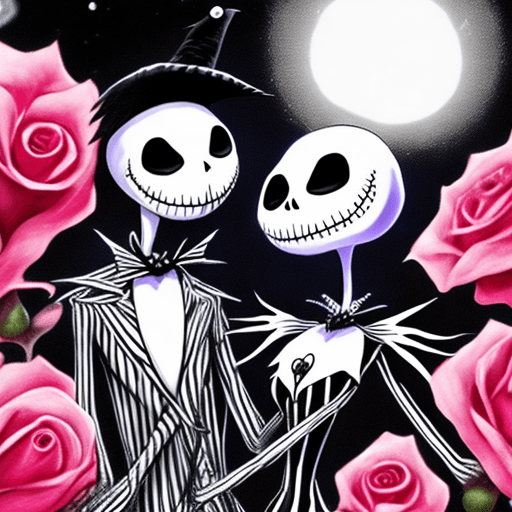 AI generated: **The Nightmare Before Valentines Day, Jack Skellington and Sally showing affection, glowing hearts,...