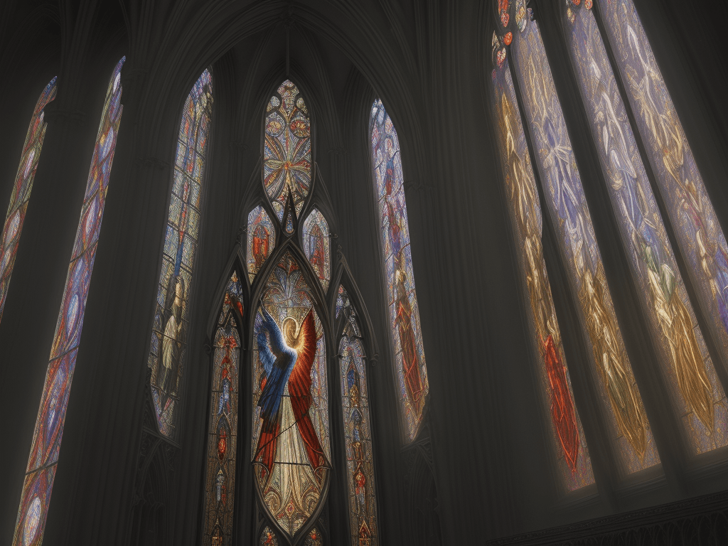 AI generated: Beautifully illuminated stained glass window depicting the Holy Spirit in a Gothic cathedral, vibran...