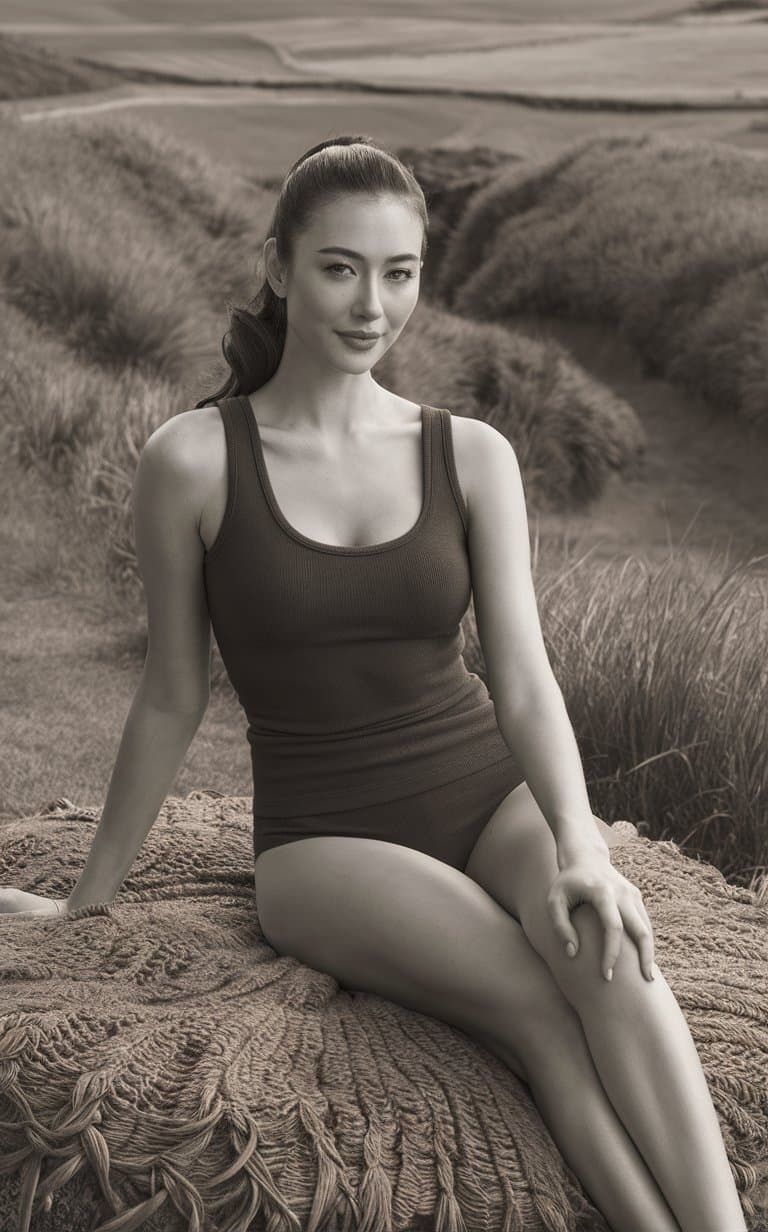 AI generated: Woman sitting outdoors on textured surface, wearing dark fitted tank top and bottoms. Pose: legs str...