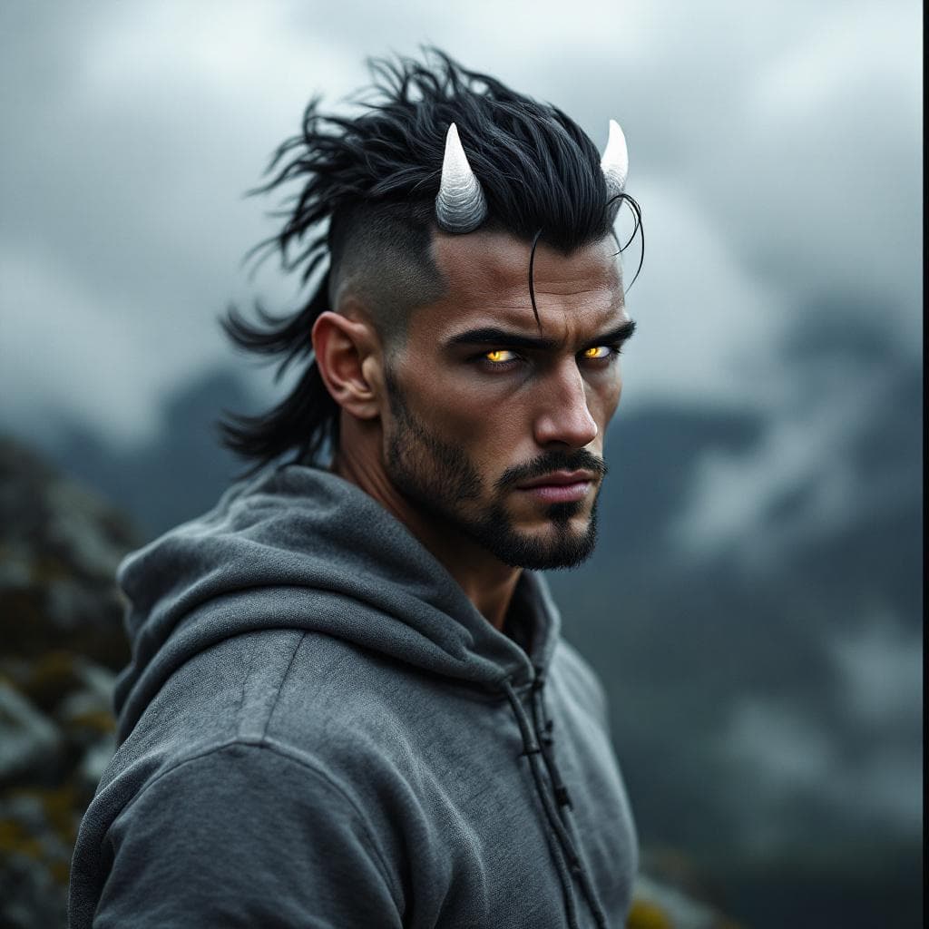 AI generated: A tall, muscular yet lean man stands barefoot on a moss-covered rock at the summit of a mountain ben...