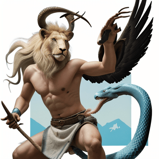 AI generated: His head is horse-like. He has a deer antler on the right, a blue goat horn on the left, one long fa...