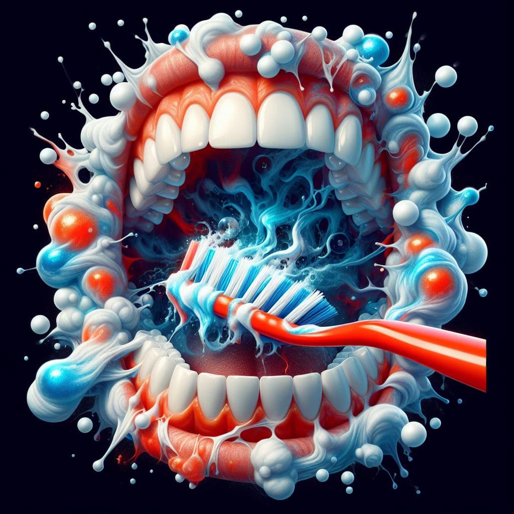 AI generated: An open mouth while brushing teeth. The red-white-blue toothpaste and foam flow out and a frightenin...