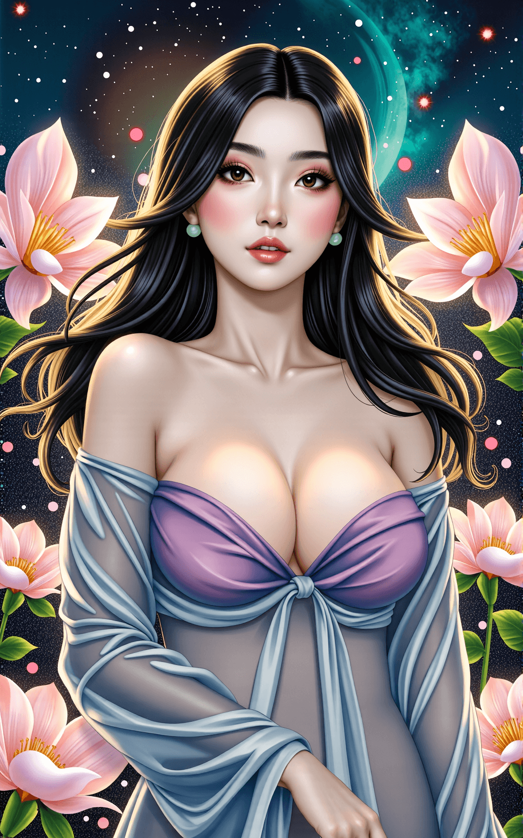 AI generated: A hyper-detailed acrylic ink and mixed media portrait of a voluptuous Chinese woman with porcelain s...