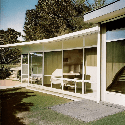 AI generated: Hyper realistic eye level exterior photo of a mid century modern style house overlooking the ocean, ...