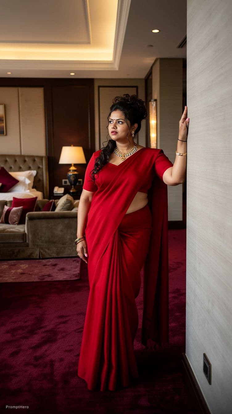 AI generated: full body view of most beautiful women in red saree as most beautiful indian realstic women with plu...