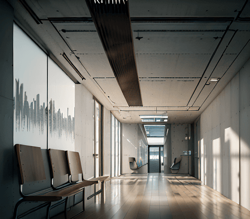 AI generated: hyperrealistic photograph of the interior of a hallway of a building in which you can see a wall wit...