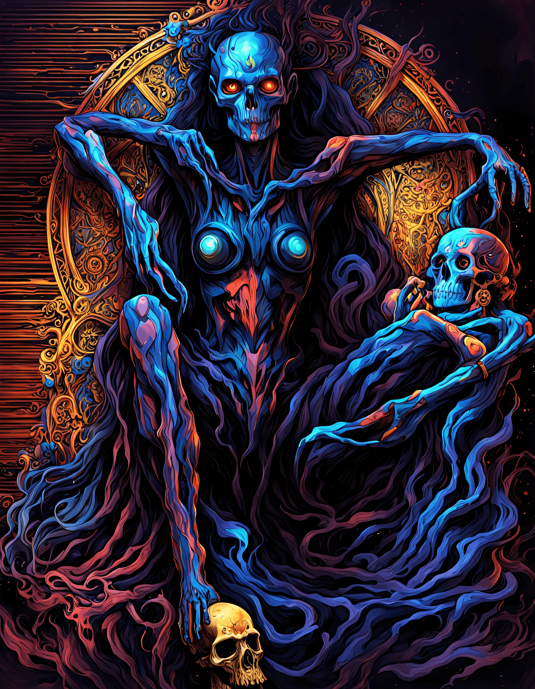 AI generated: Masterpiece, tarot card with intricate detailed frame around the outside, side profile of cyberpunk ...