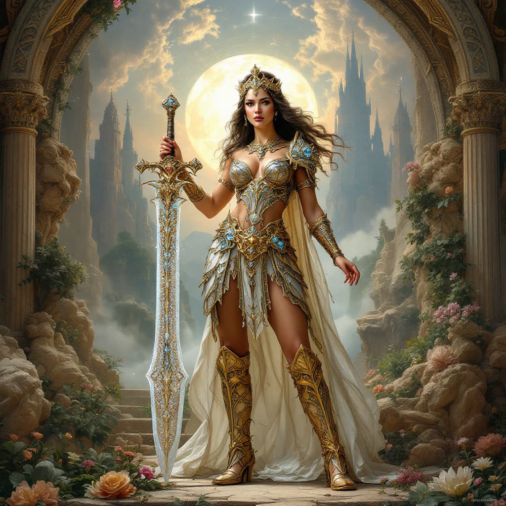 AI generated: The Ultimate Warrior Princess stands tall in the center of the image, exuding strength and grace. Cl...