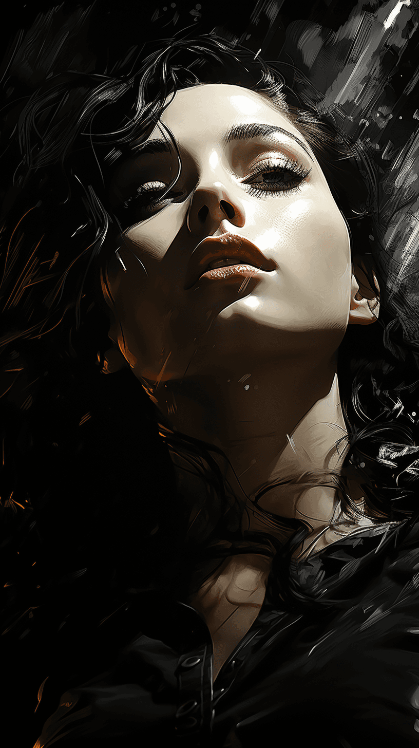 AI generated: the girl is laying flat on her back, in the style of elegant inking techniques, contrasting lights a...