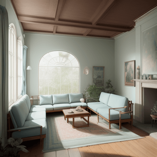 AI generated: High resolution photography interior design, dreamy sunken living room conversation pit, wooden floo...