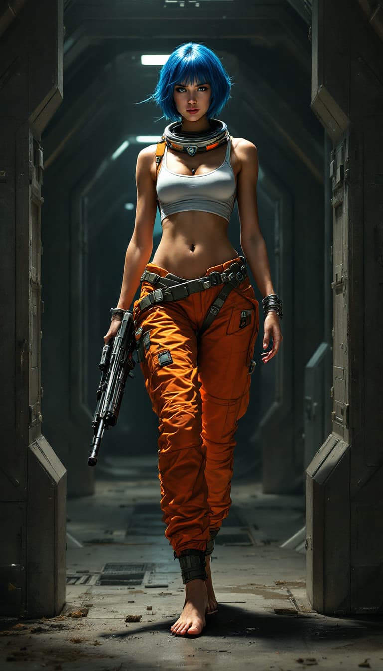 AI generated: astronaut woman, barefoot with perfect foot perfect toe, full body view. Blue short hair, belly pier...