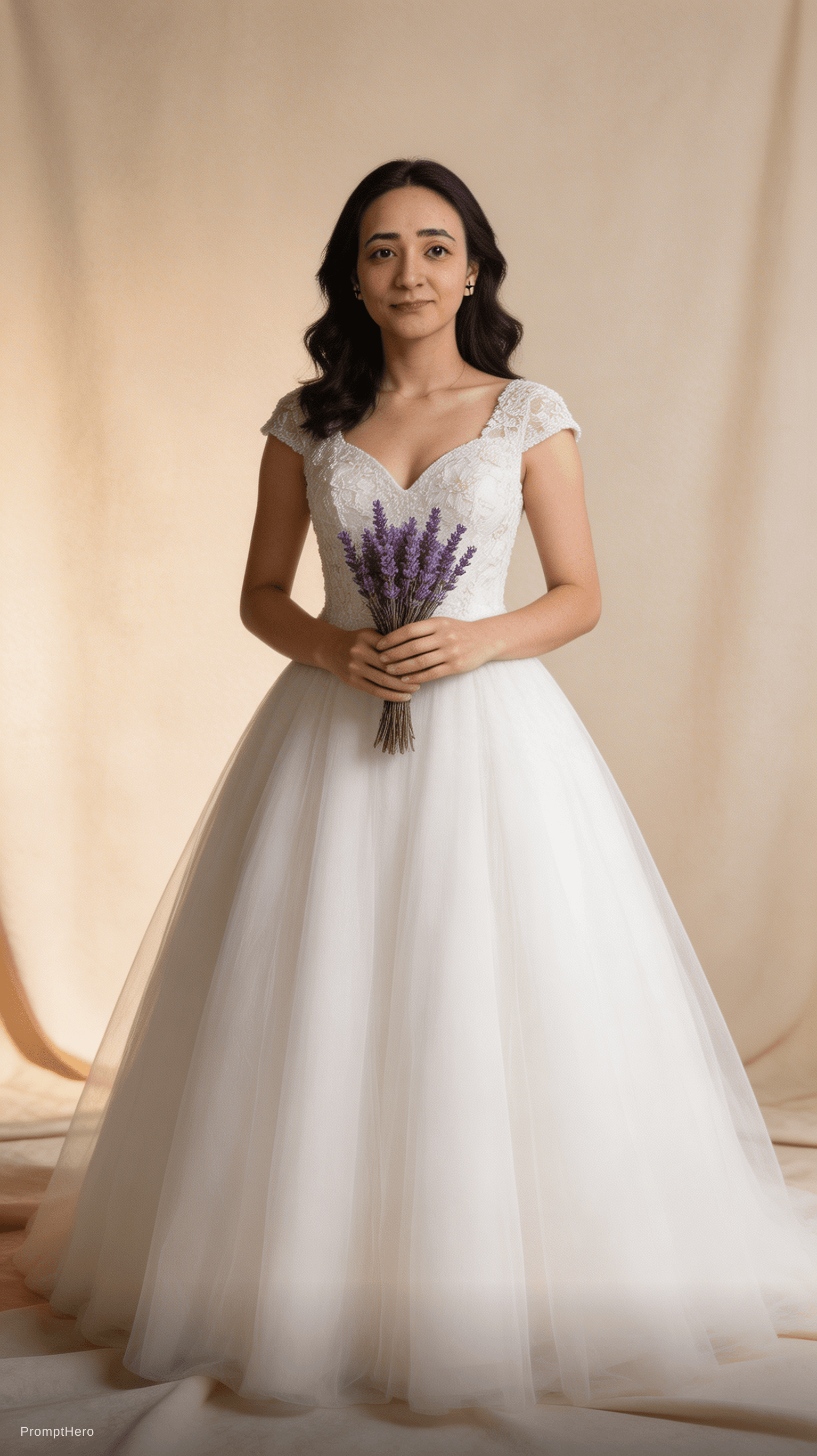 AI generated: Generate a photo of this woman attached. A full-length studio portrait of a young woman wearing an e...