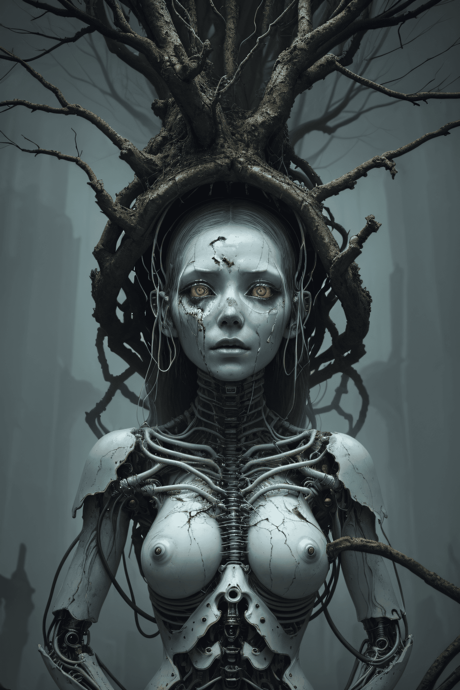 AI generated: a female cyborg with face cracked like sacred porcelain, glowing from within with corrupted light, o...