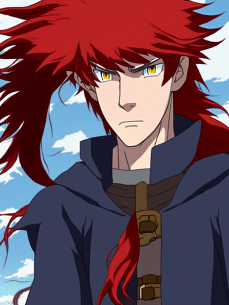 AI generated: stark is a young male mage and apprentice, stark in studio ghibli, he has dyed red hair and the root...