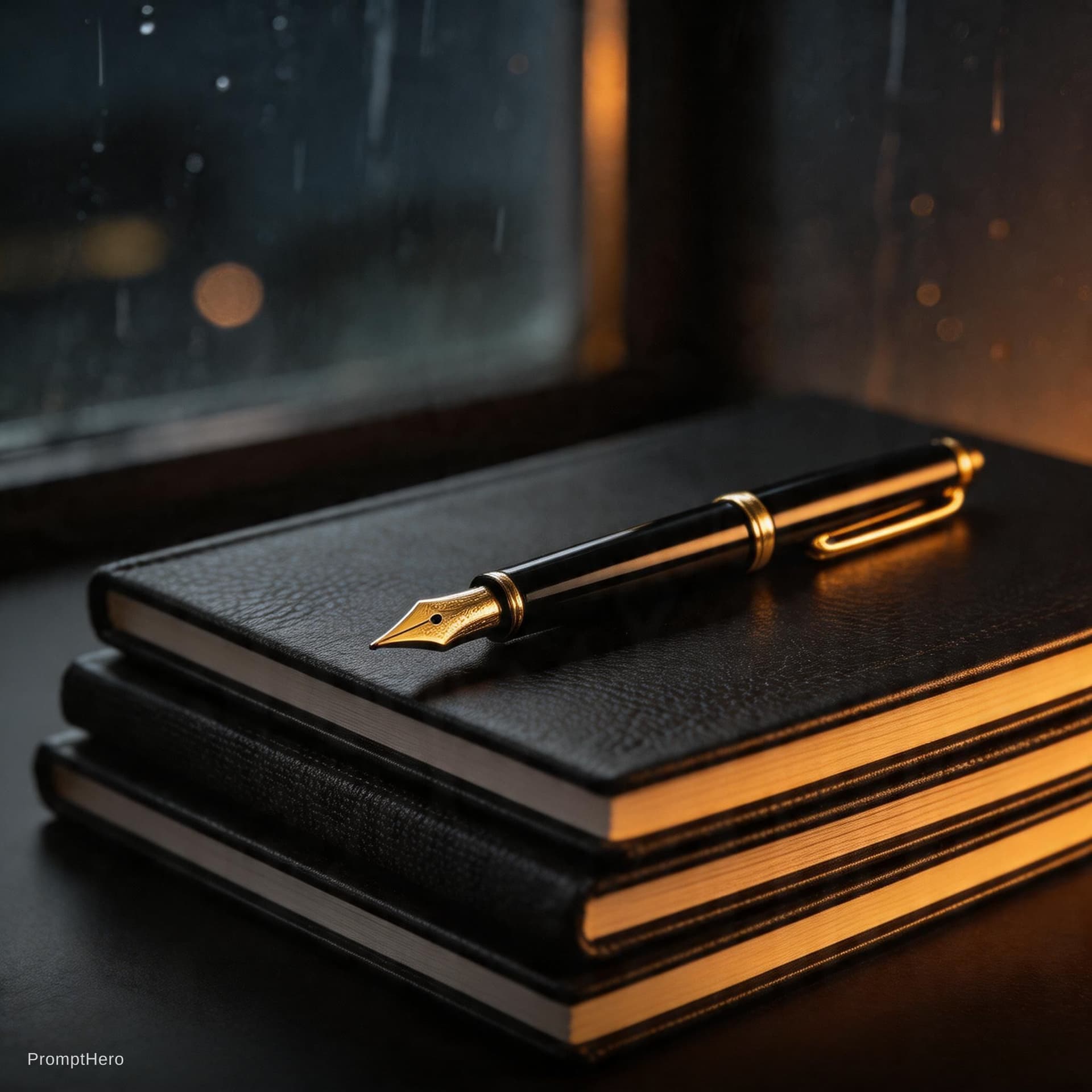 AI generated: Macro photography of a high-end black fountain pen resting on a stack of black textured journals. So...