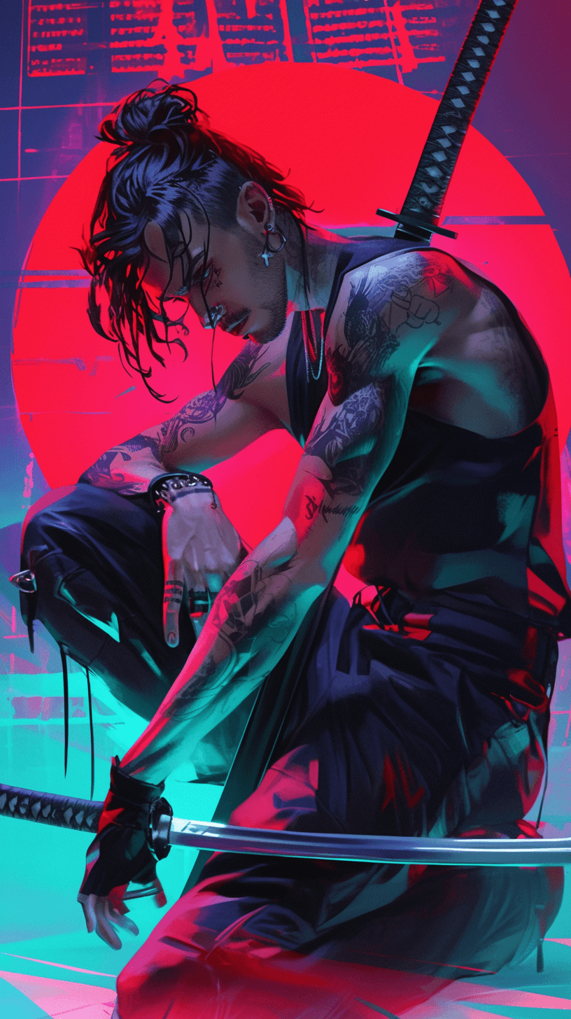 AI generated: A vaporwave-inspired portrait of the gothic punk rebel, using neon green, blue, and red in a retro-f...