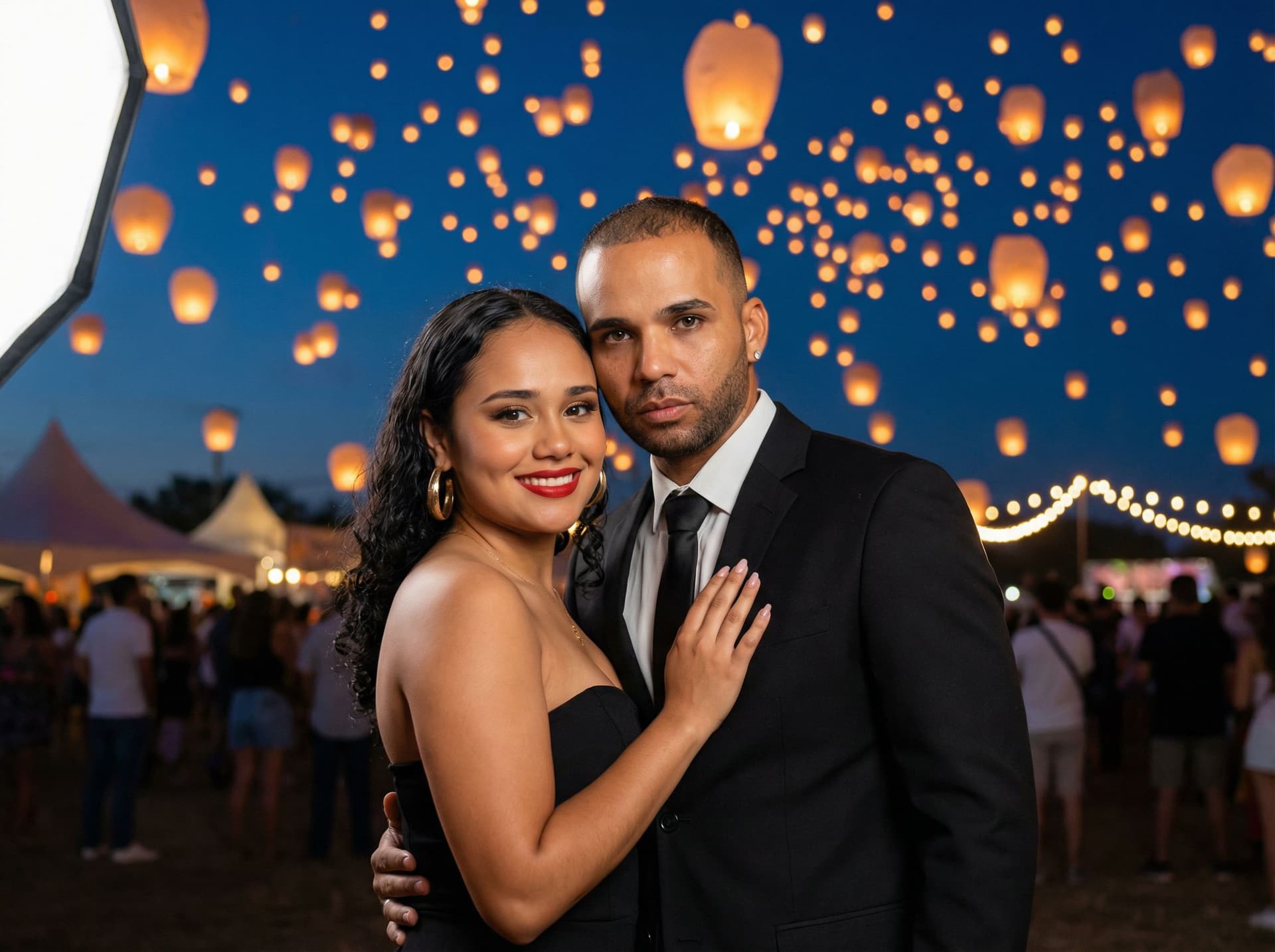 AI generated: An elegantly dressed couple poses under a twilight sky filled with hundreds of floating lanterns, cr...