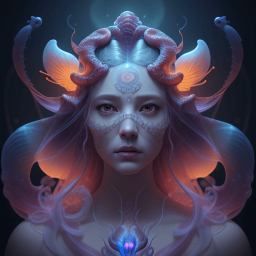 AI generated: Goddess close-up portrait ribcagel. jellyfish phoenix head, nautilus, orchid, skull, betta fish, bio...