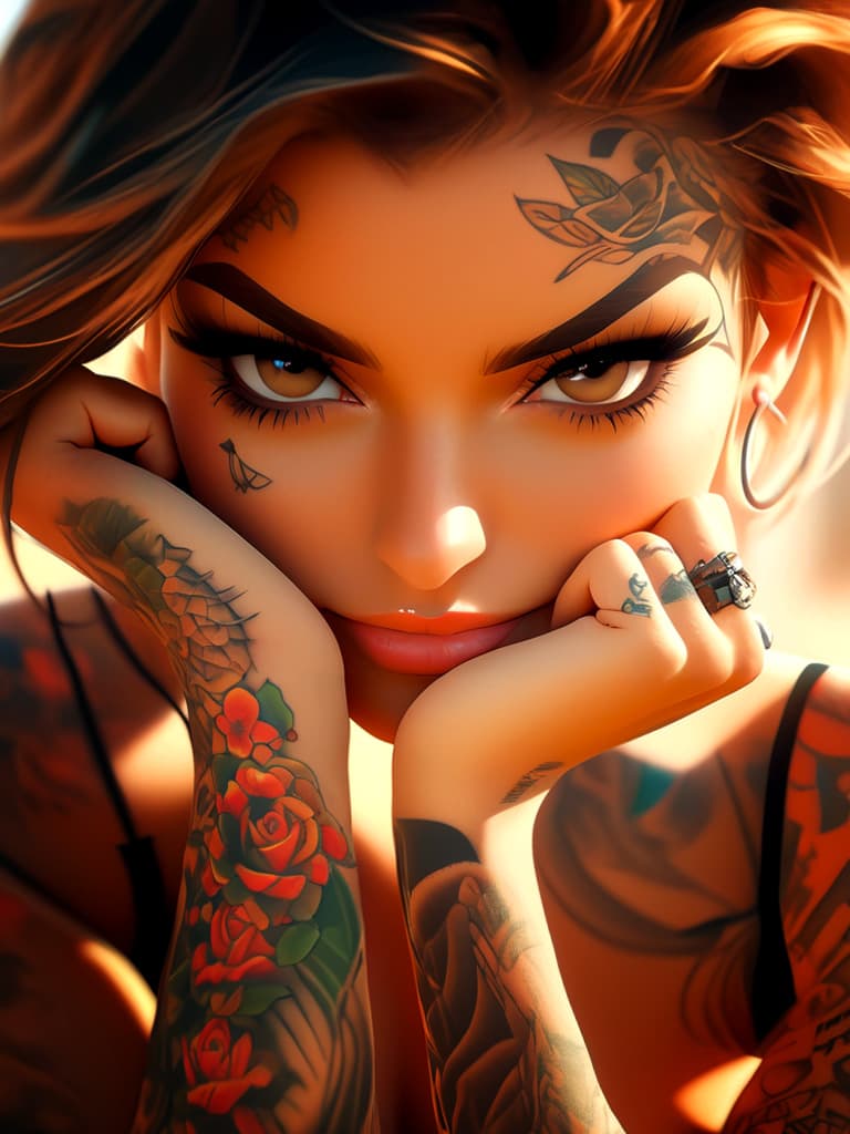 AI generated: Portrait photo of a pretty seductive lady with tattoos, hyper details, intimate facial expression, s...