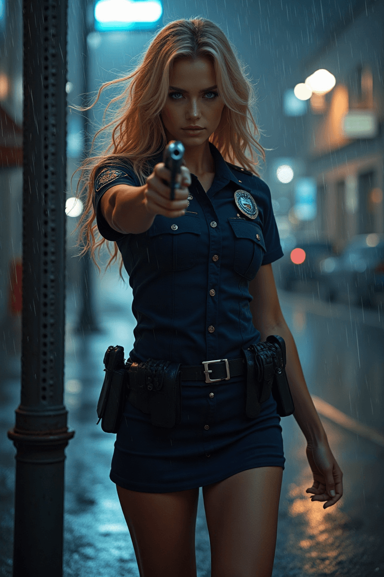 AI generated: 1 Female、American Beauty、Super beautiful、Facial beauty、blue eyes、Standing、New York Police Uniform、mi...