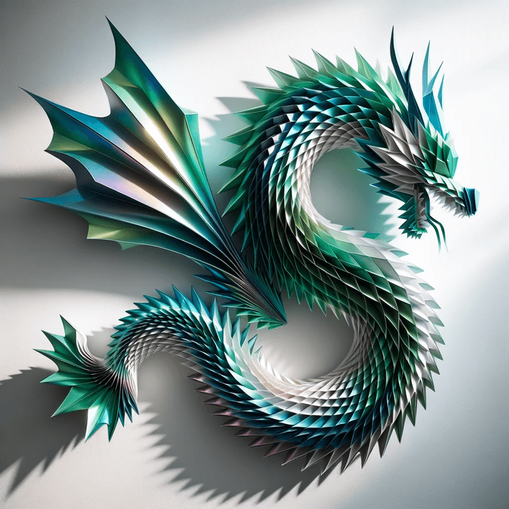 AI generated: A photo of modular origami dragon wall art, crafted from iridescent papers in hues of green and blue...