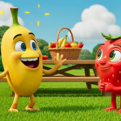 AI generated video: banano une banane humaines drole et énergétique rencontre fraiseta une fraise jouyeuse et chaleureus...