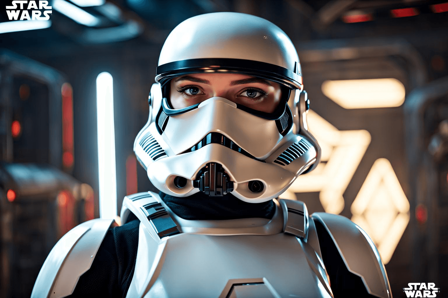 AI generated: extremely detailed CG unity 8k wallpaper, close up, a cute girl Storm trooper from Star wars movie, ...