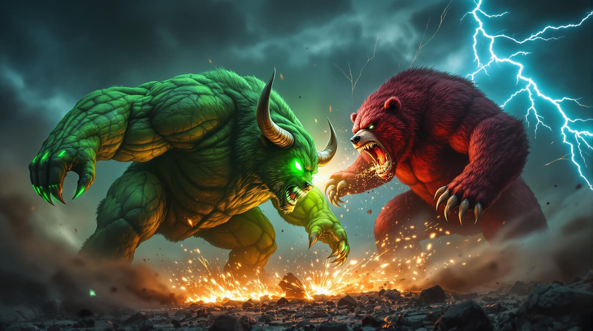 AI generated: A fierce, high-intensity battle between a massive, muscular green bull and a raging red bear. The bu...