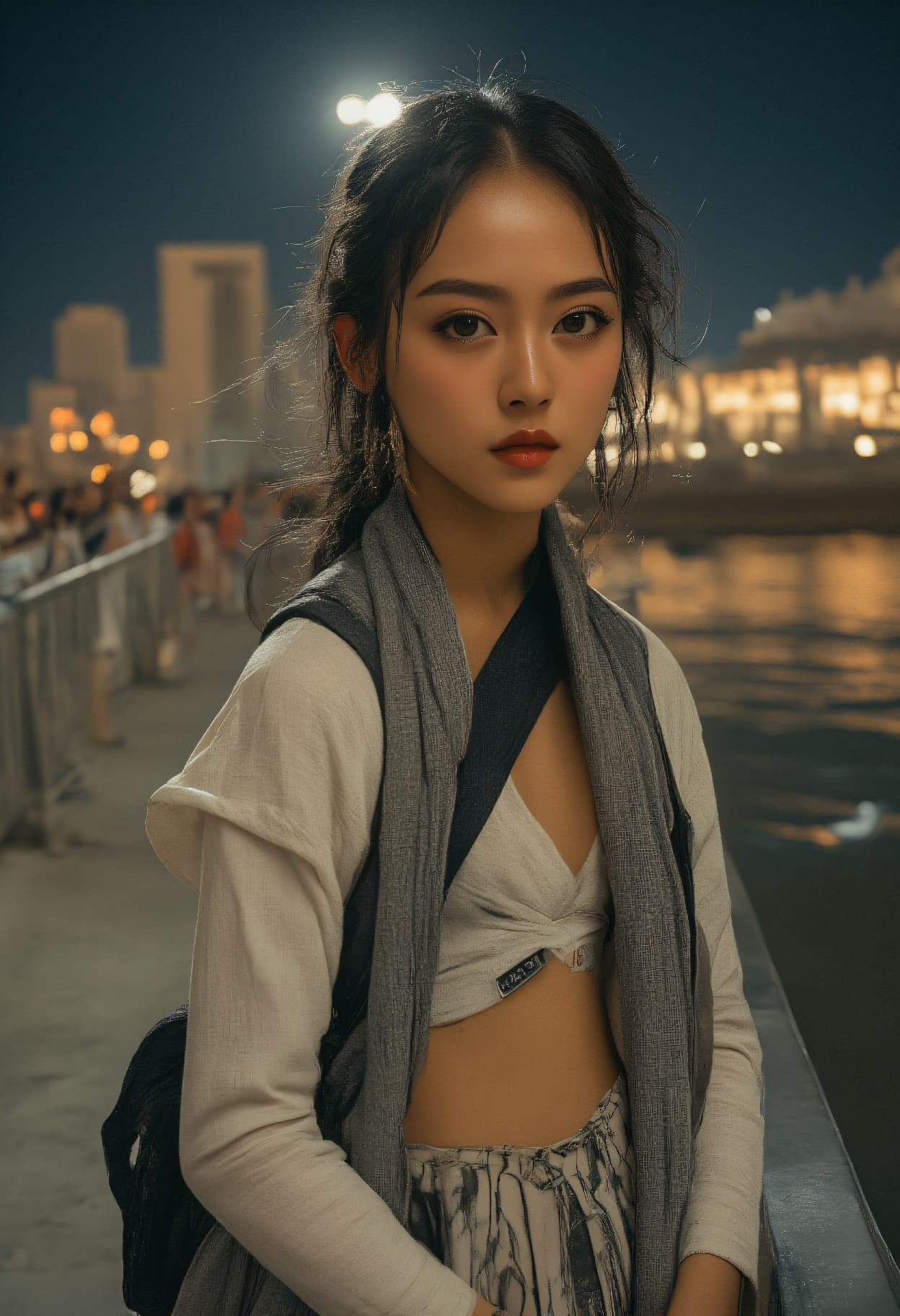 AI generated: night photography, Street fashion high angle photo of a 24-year-old Zulu-Malay female down-to-earth ...