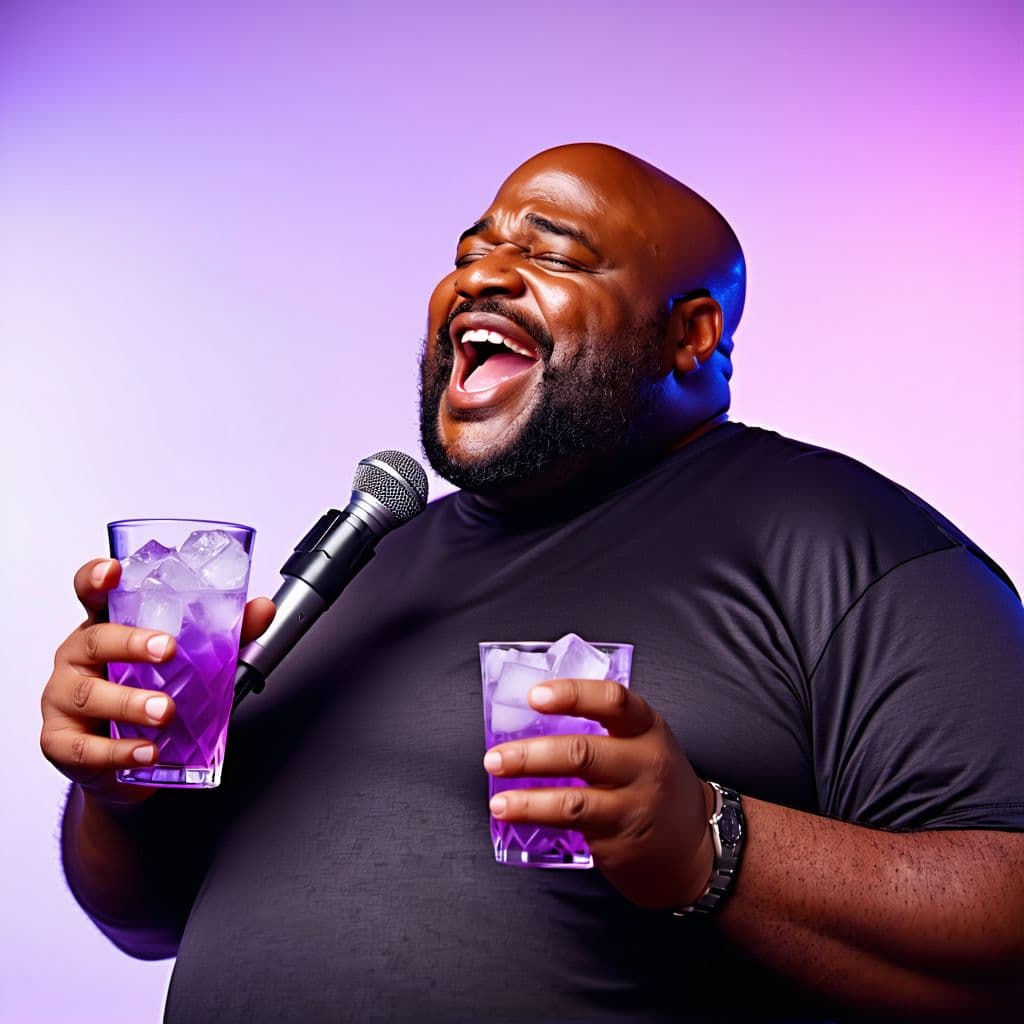 AI generated: very fat, obese, massive, bald black man in the world holding a cup of purple drink with ice cubes, ...