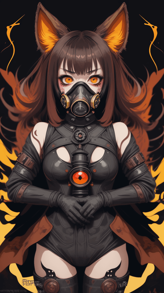 AI generated: complex background portrait of little bestial woman. Wearing a gas mask. Prominent eyes, complex bac...