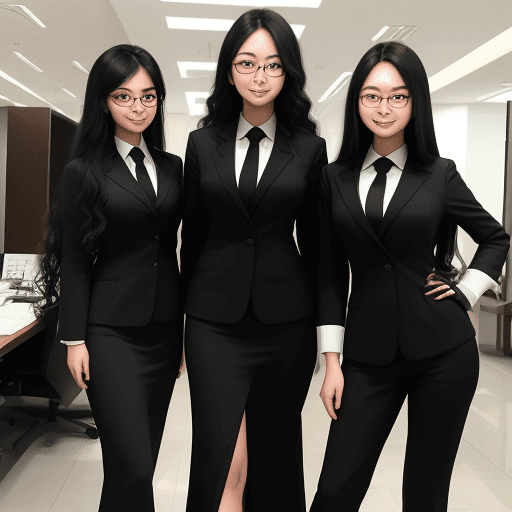 AI generated: Asia women, with work attire, long black wavy hair to end, using glasses