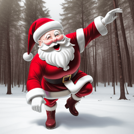 AI generated: Cheerful Santa Claus dancing in the winter forest