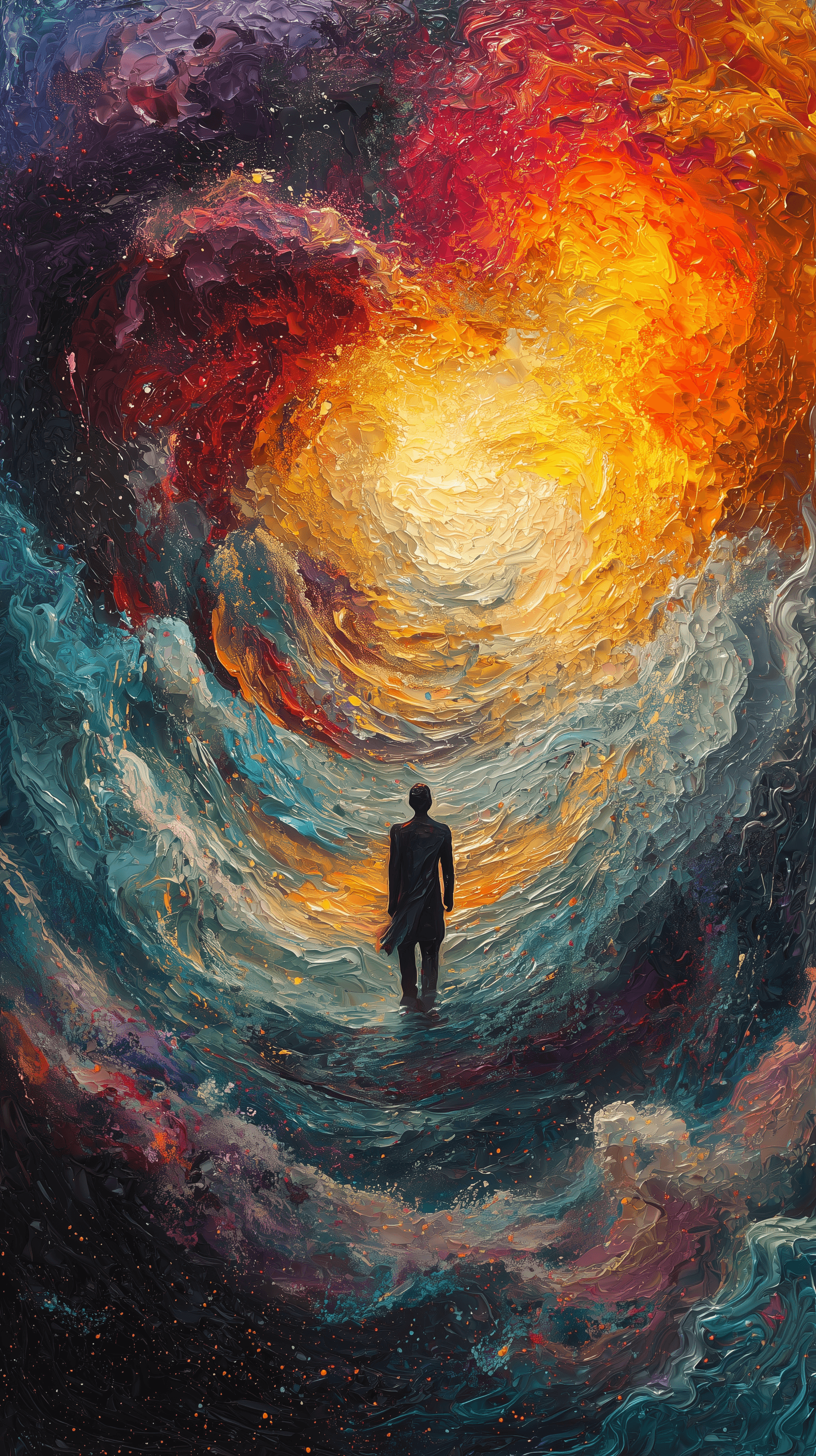 AI generated: artistic, water painting style, art piece showing a lone figure falling into an explosion of vibrant...