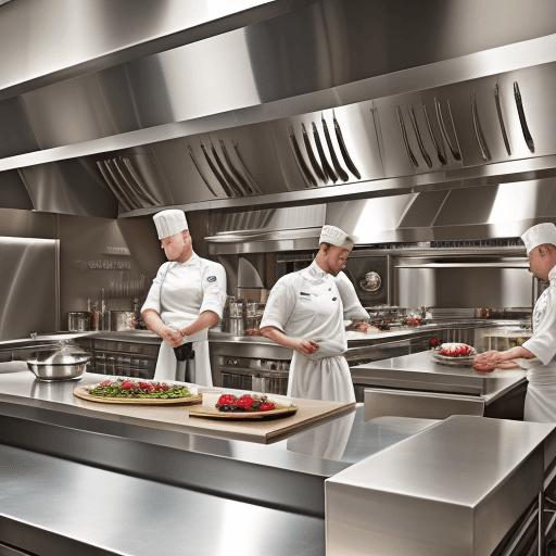 AI generated: front view photograph, chef’s table inside a bustling high-end restaurant kitchen, the table is set ...
