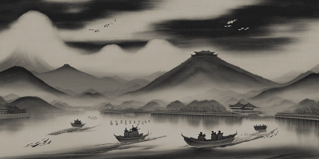 AI generated: Tradition Chinese Ink Painting style of An ancient Chinese ink painting, several geese flying in the...