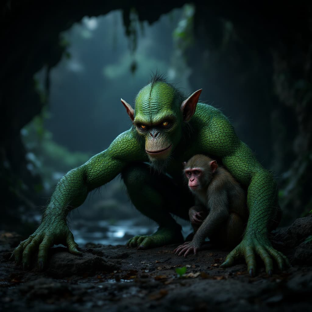 AI generated: Si Buta dari Gua Hantu from indonesia herois, green scaly shirt, set outside a cave, at night, with ...