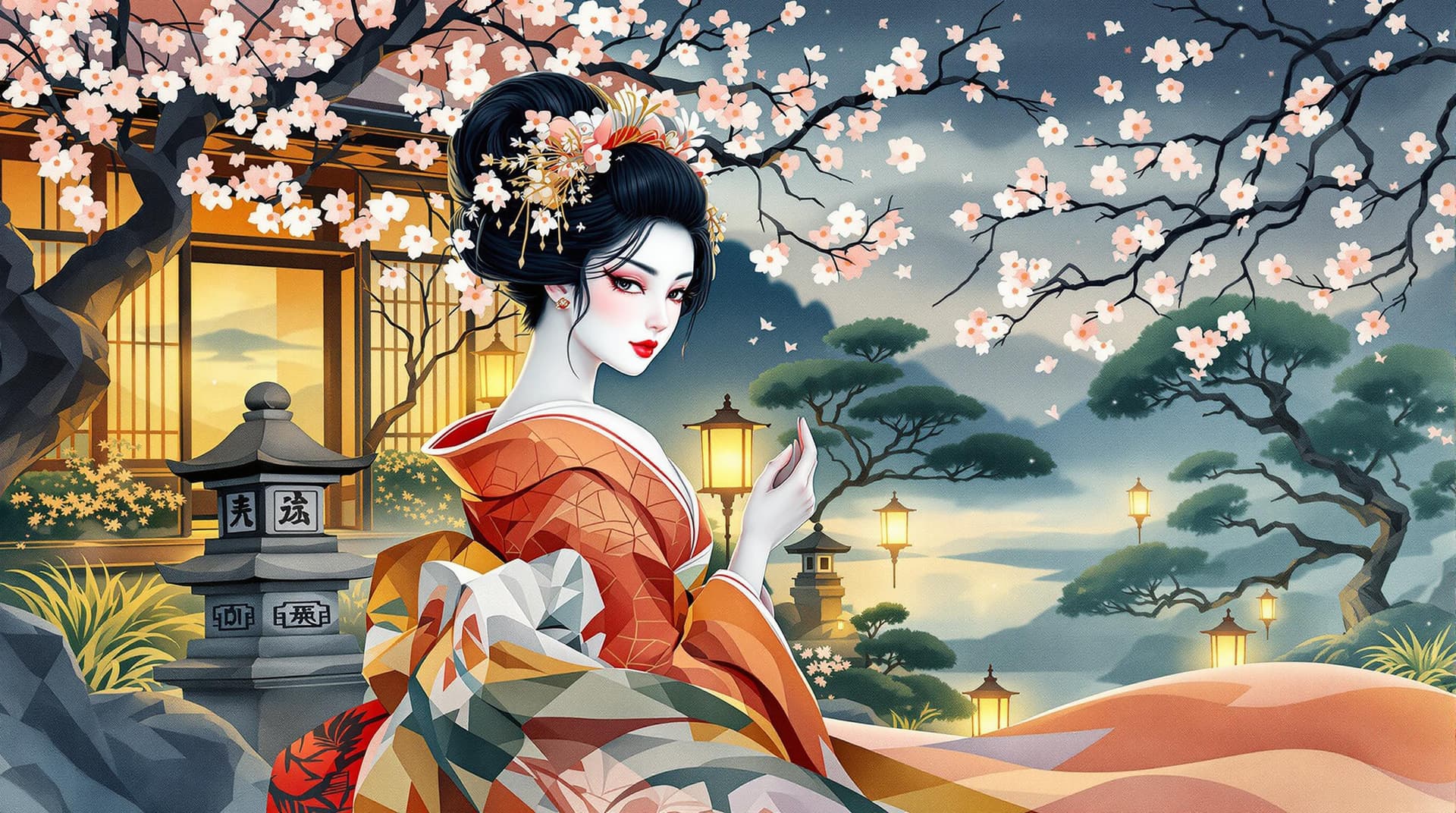 AI generated:  A vibrant watercolor portrait of a Japanese geisha, depicted in dynamic motion, set amidst a serene...